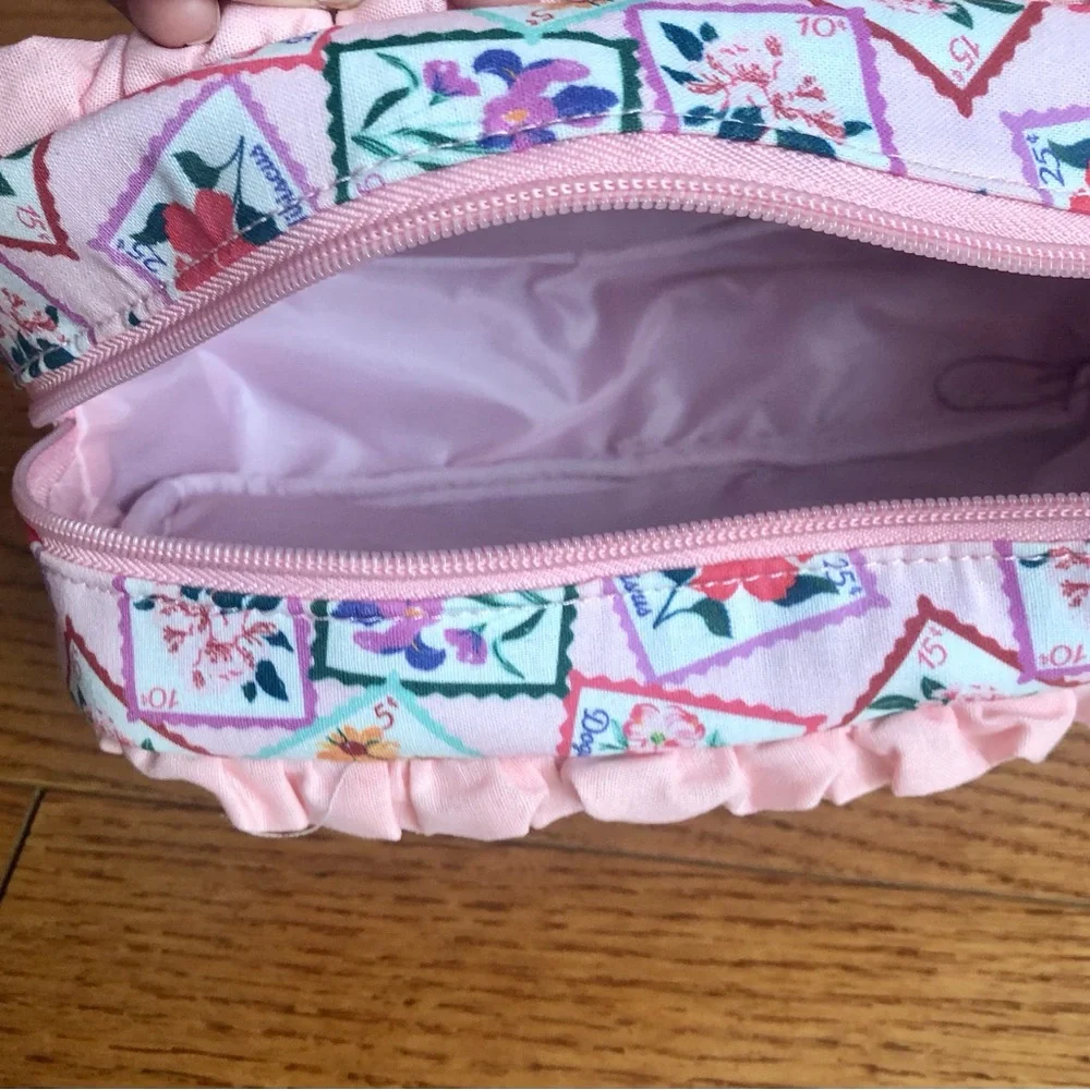 Lancome Pink Floral Stamp Ruffle Coated Canvas like Pouch Cosmetic Bag NWT